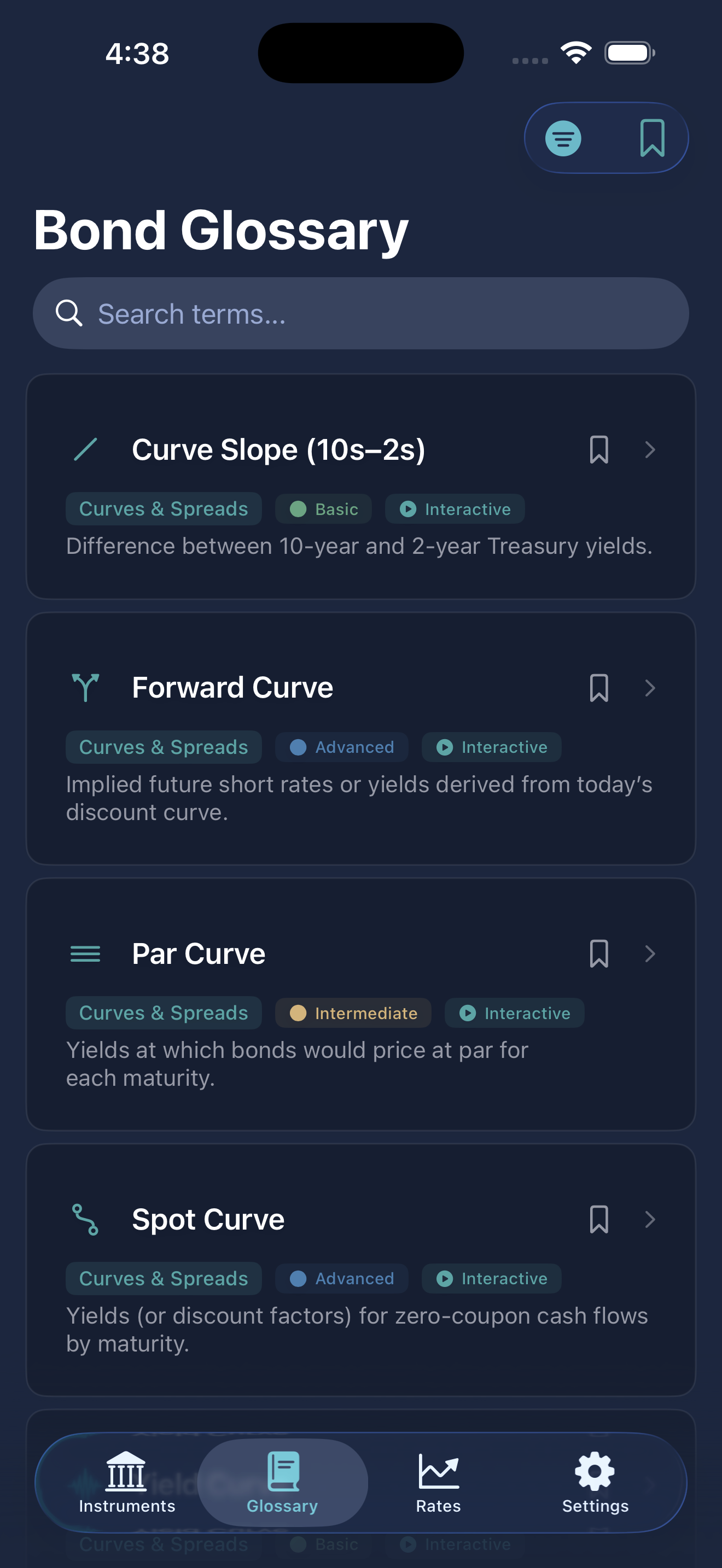 Bond glossary with interactive explanations